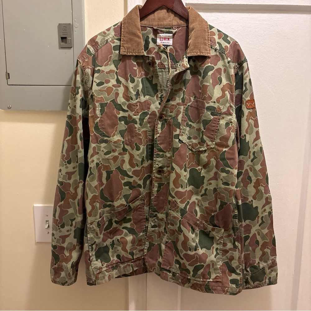 Men’s Edwin Denim Brand Camouflage button up Jacket with Brown Collar size XL